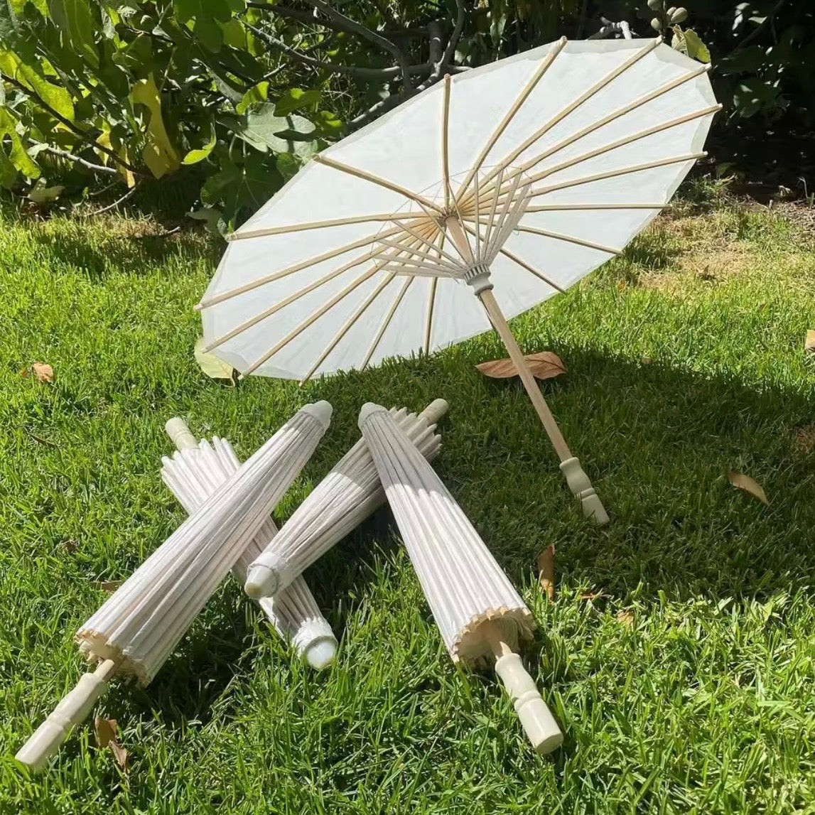 White Paper Umbrella Parasols Wooden Handle & Folding Hand Fan Set