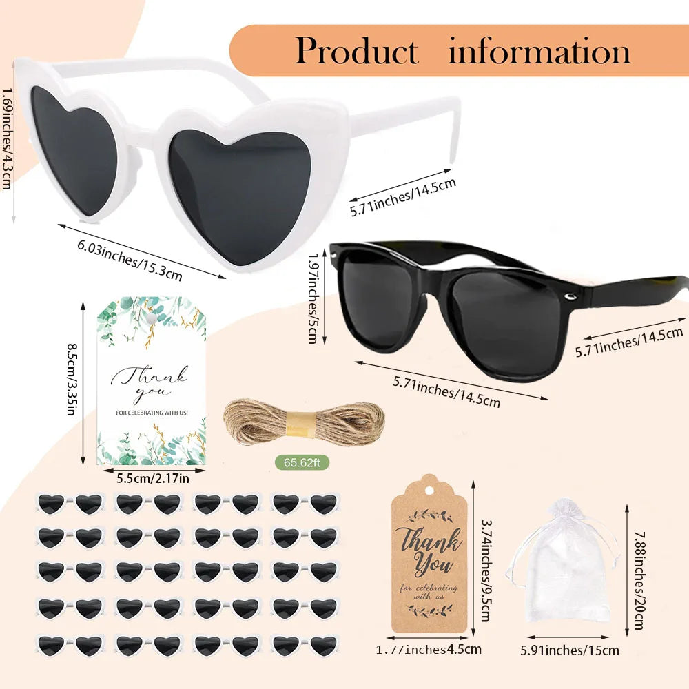 Heart-shaped sunglasses with packaging, ribbons, and decorative elements on a beige background.