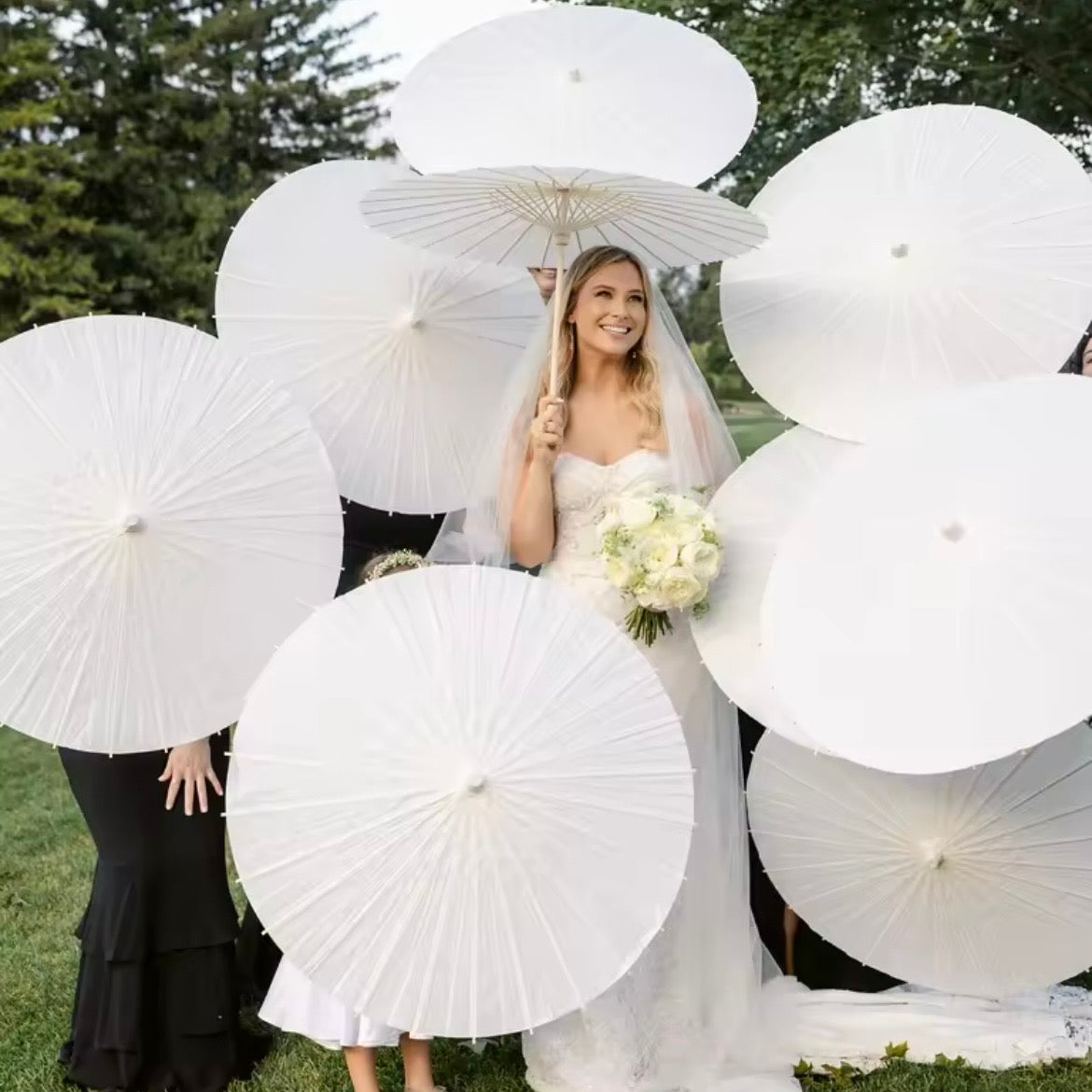 White Paper Umbrella Parasols Wooden Handle