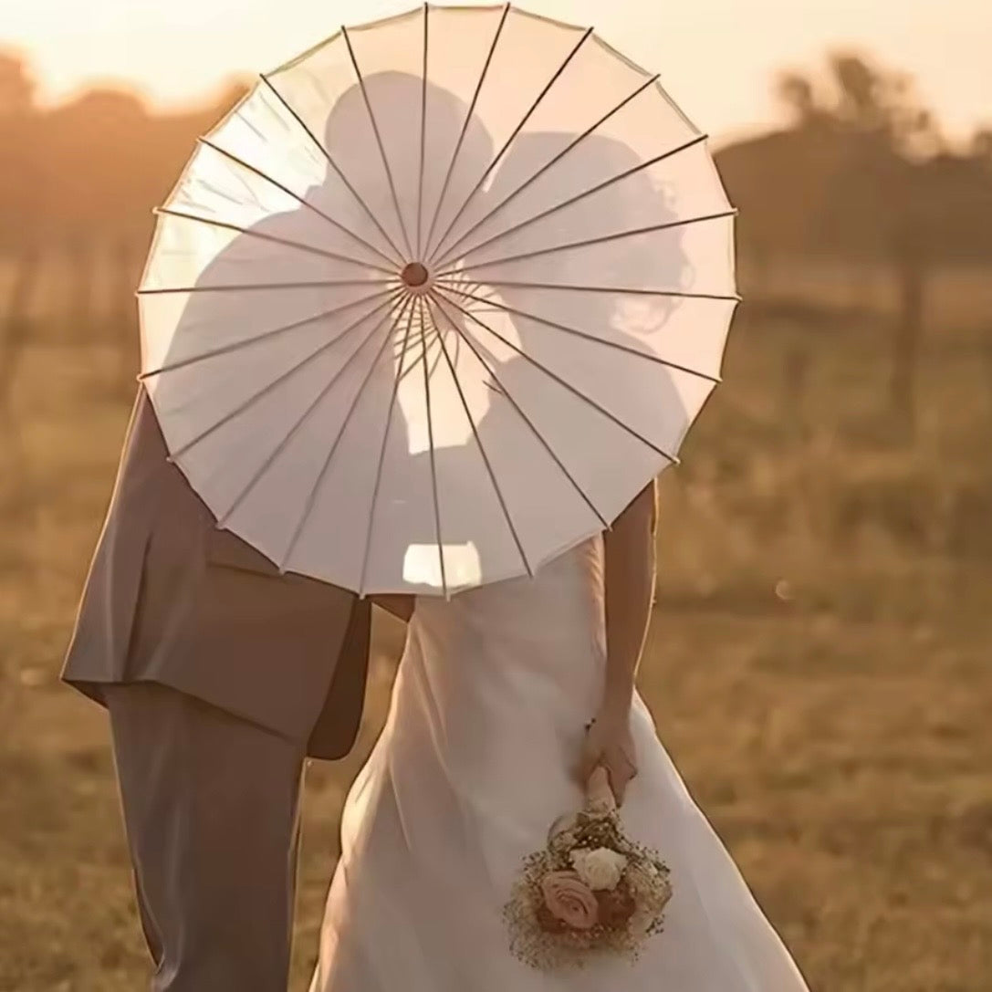 White Paper Umbrella Parasols Wooden Handle & Folding Hand Fan Set