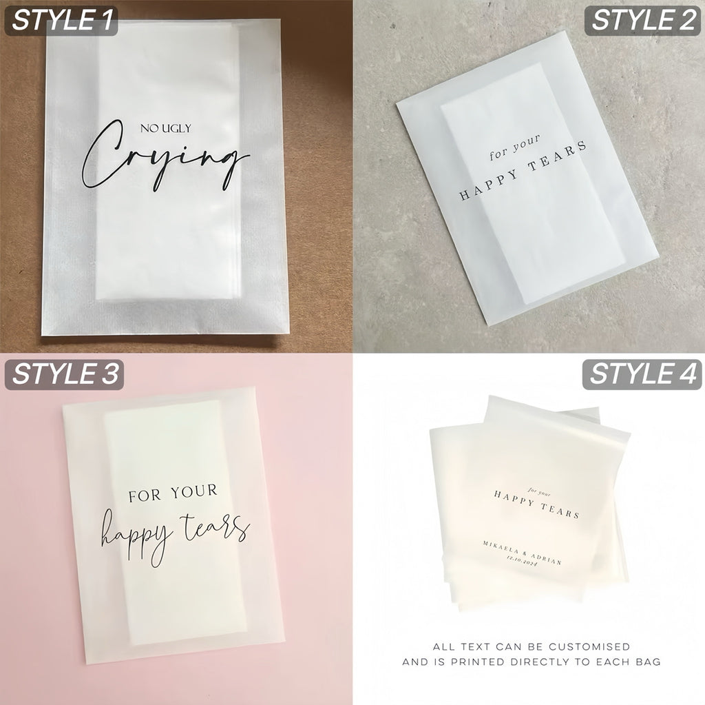 20/200PC 'For Your Happy Tears' Tissue Packets - Empty or Filled Tissue Bag (Can Be Personalised)