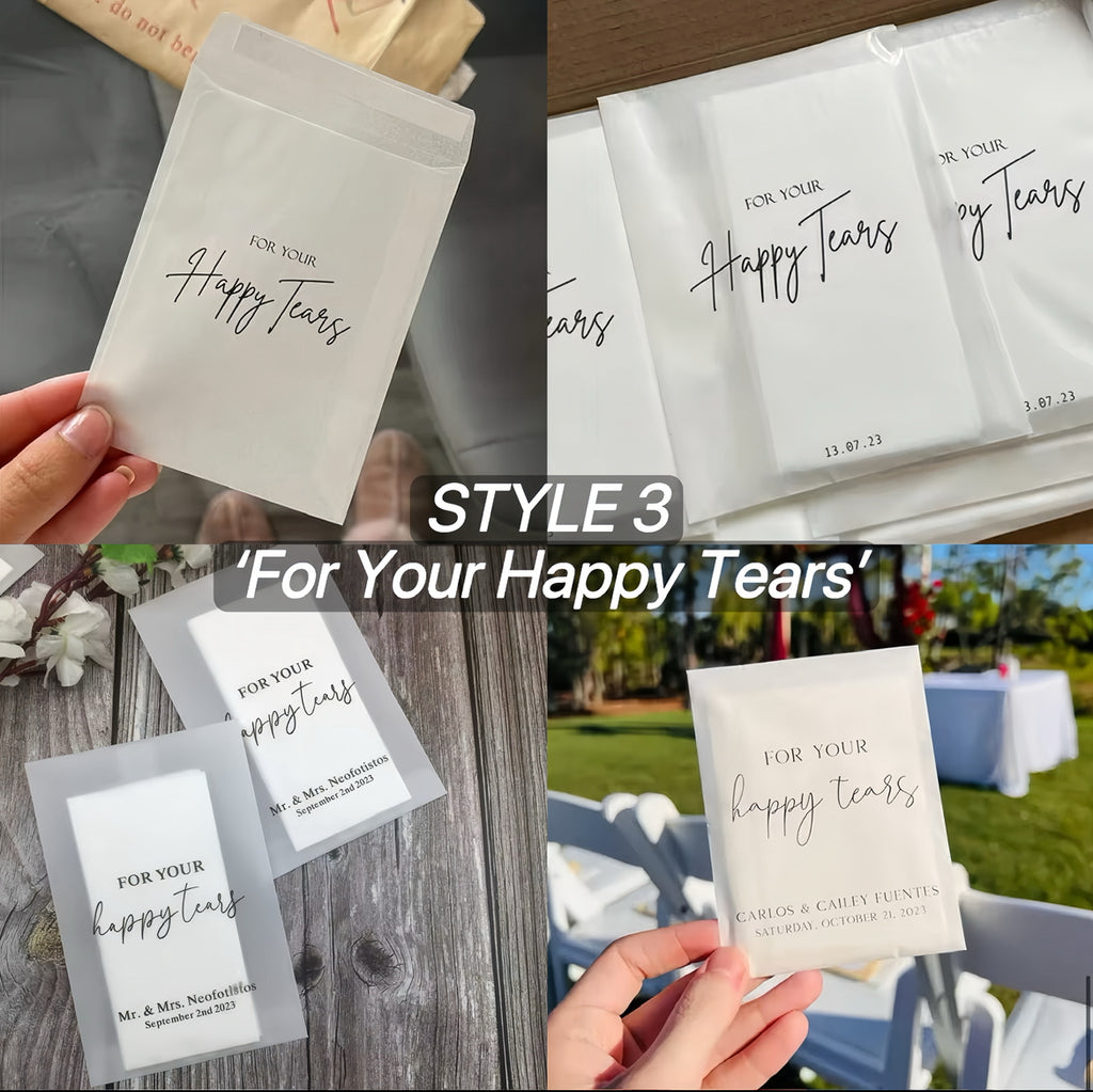 20/200PC 'For Your Happy Tears' Tissue Packets - Empty or Filled Tissue Bag (Can Be Personalised)