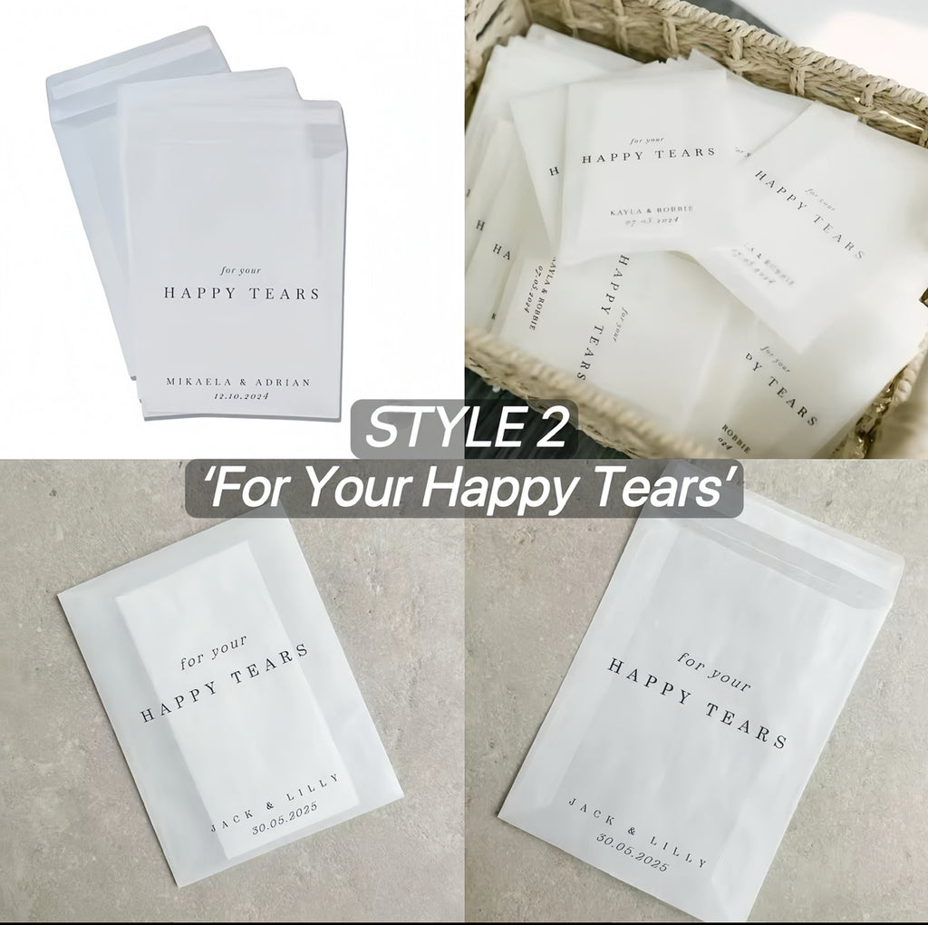 20/200PC 'For Your Happy Tears' Tissue Packets - Empty or Filled Tissue Bag (Can Be Personalised)