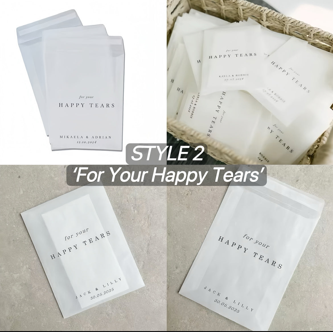20/200PC 'For Your Happy Tears' Tissue Packets - Empty or Filled Tissue Bag (Can Be Personalised)