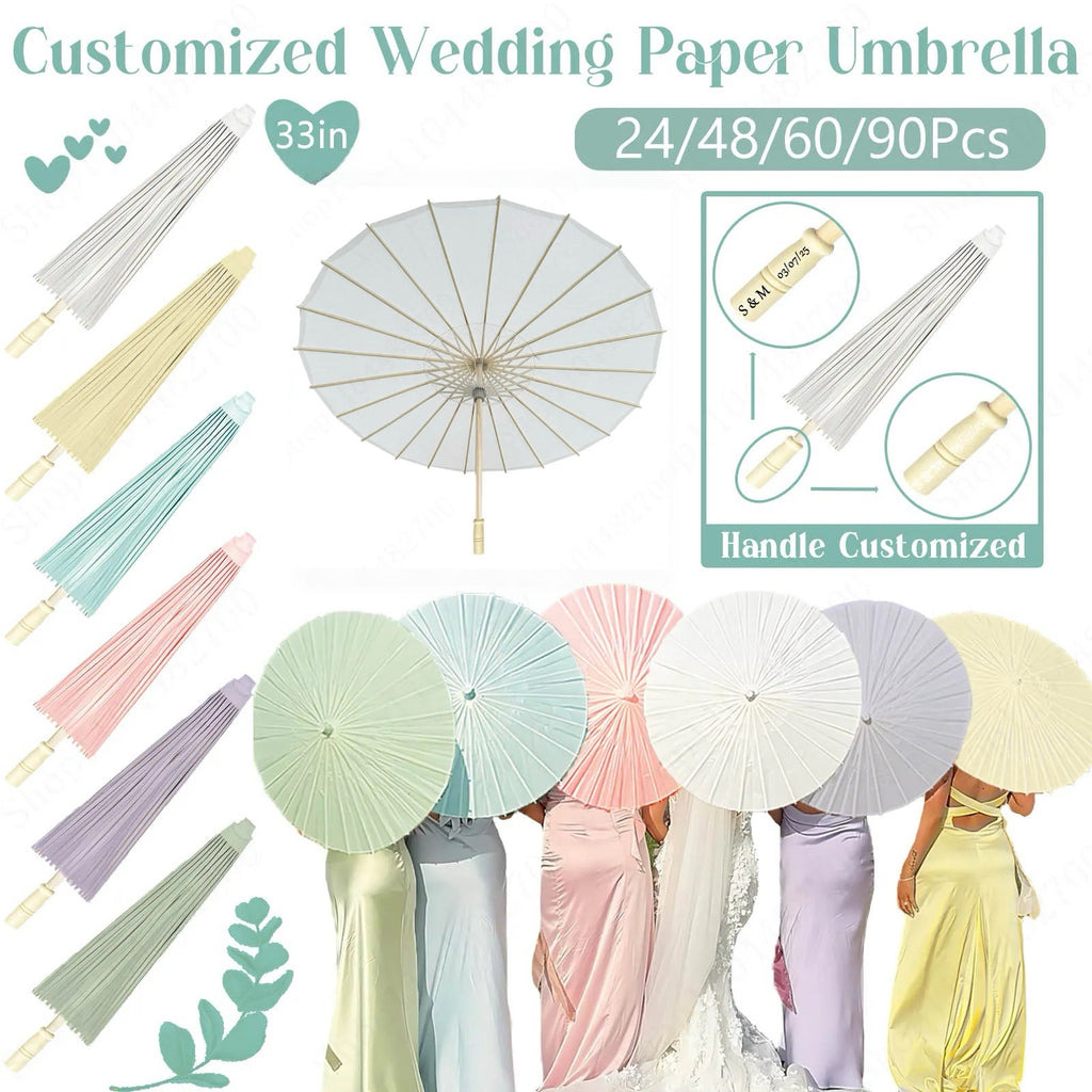 24-90PC 84CM Customised Wooden Handle Paper Umbrellas Parasols