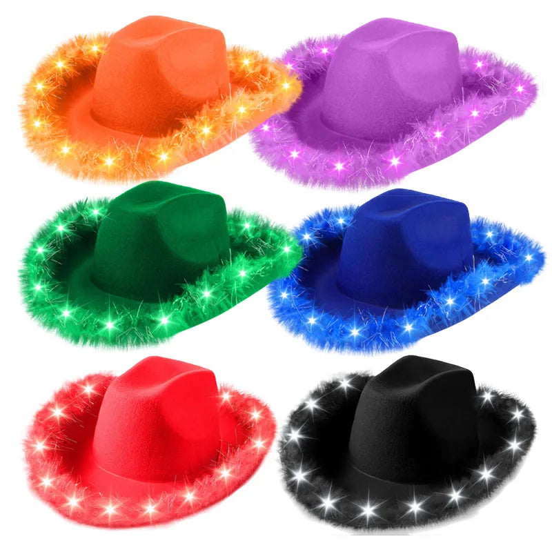 Light Up LED Cowboy Hat With Feather Optional Sunglasses