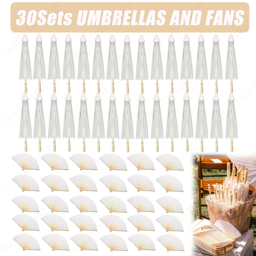 12-90PC 84CM White Paper Umbrella Parasol & Folding Hand Fan Set