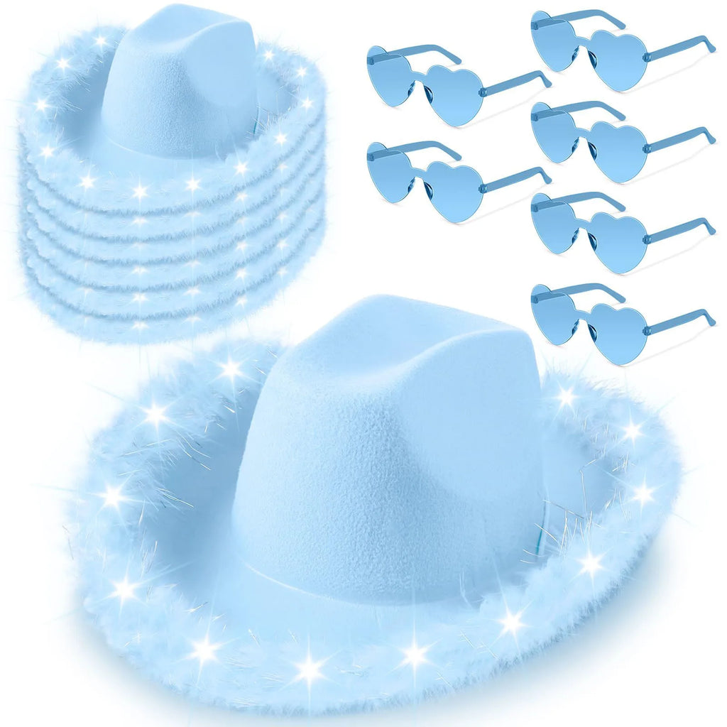 Light Up LED Cowboy Hat With Feather Optional Sunglasses