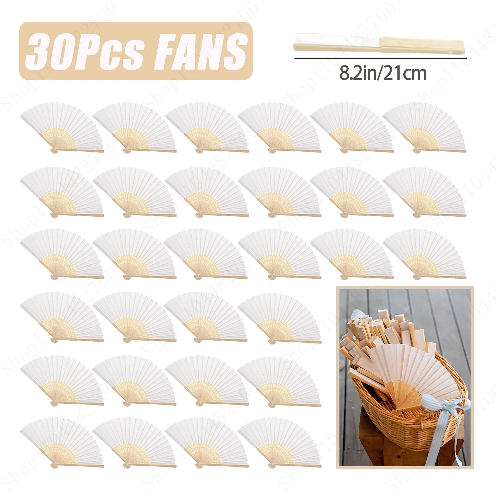 12-90PC 84CM White Paper Umbrella Parasol & Folding Hand Fan Set