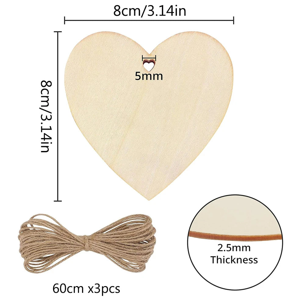 10/20/60PC Wooden Blank Heart DIY Crafts with Natural Twine