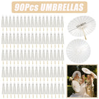 12-90PC 84CM White Paper Umbrella Parasol & Folding Hand Fan Set