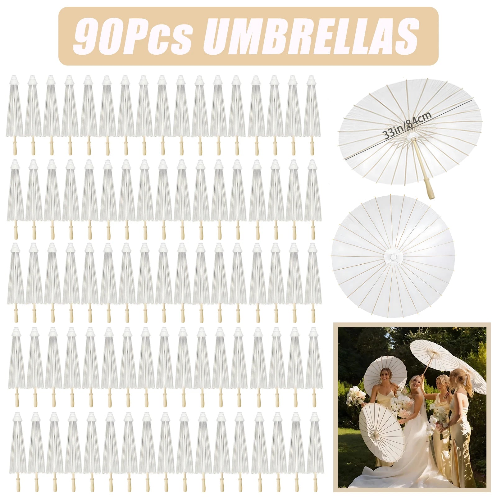12-90PC 84CM White Paper Umbrella Parasol & Folding Hand Fan Set