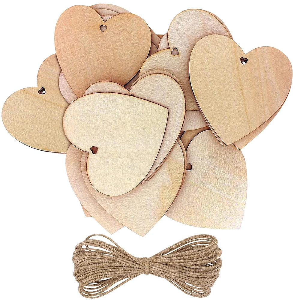 10/20/60PC Wooden Blank Heart DIY Crafts with Natural Twine