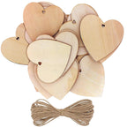 10/20/60PC Wooden Blank Heart DIY Crafts with Natural Twine