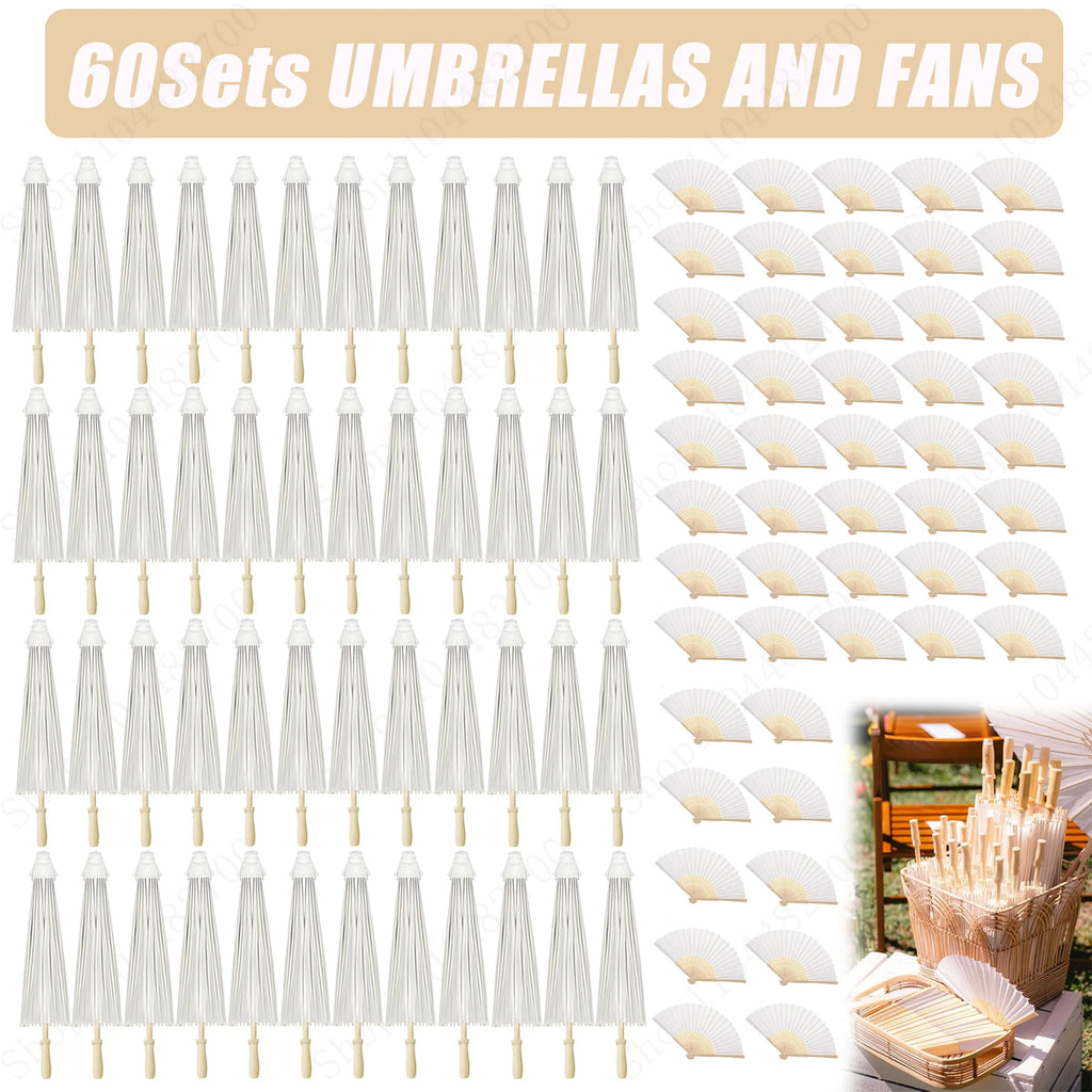 12-90PC 84CM White Paper Umbrella Parasol & Folding Hand Fan Set