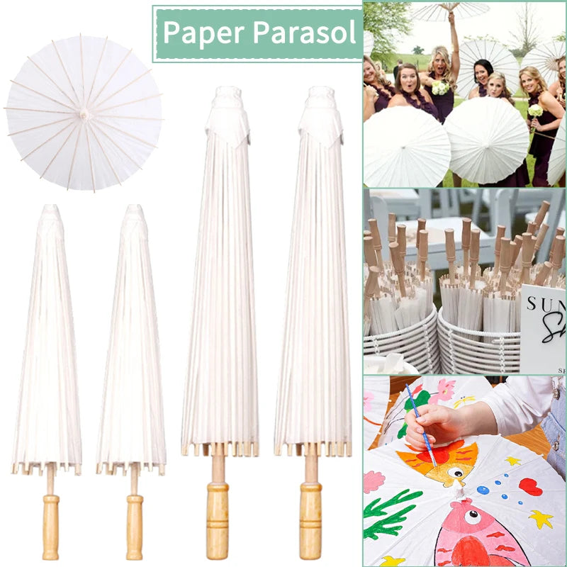 6PC 60/84cm White Paper Umbrellas Wooden Handle