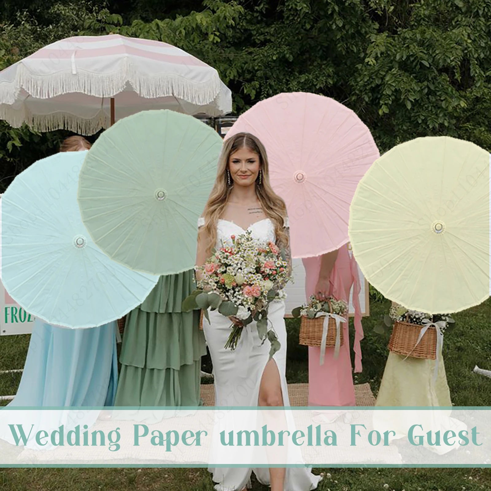 24-90PC 84CM Customised Wooden Handle Paper Umbrellas Parasols