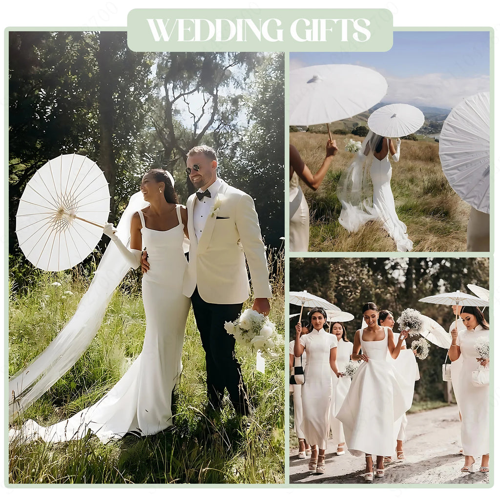 12-90PC 84CM White Paper Umbrella Parasol & Folding Hand Fan Set