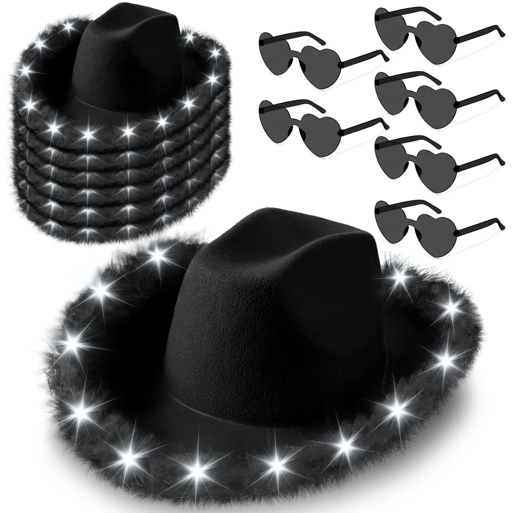 Light Up LED Cowboy Hat With Feather Optional Sunglasses