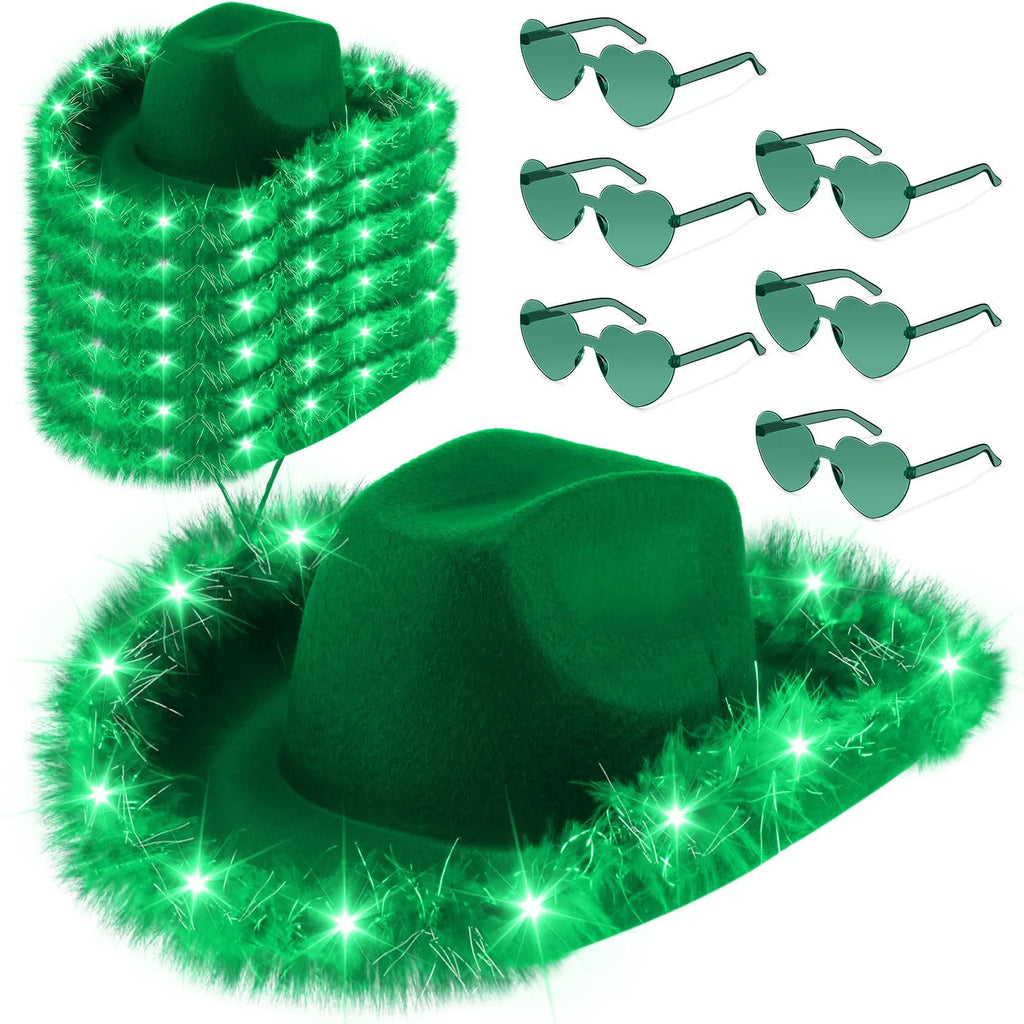 Light Up LED Cowboy Hat With Feather Optional Sunglasses