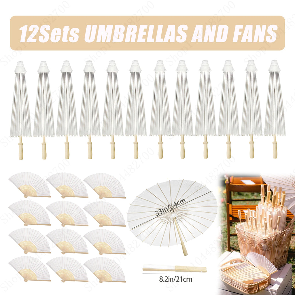 12-90PC 84CM White Paper Umbrella Parasol & Folding Hand Fan Set
