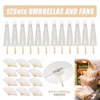 12-90PC 84CM White Paper Umbrella Parasol & Folding Hand Fan Set