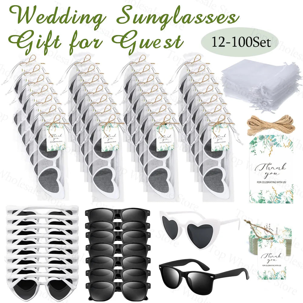 Wedding sunglasses gift set with packaging and accessories on a white background