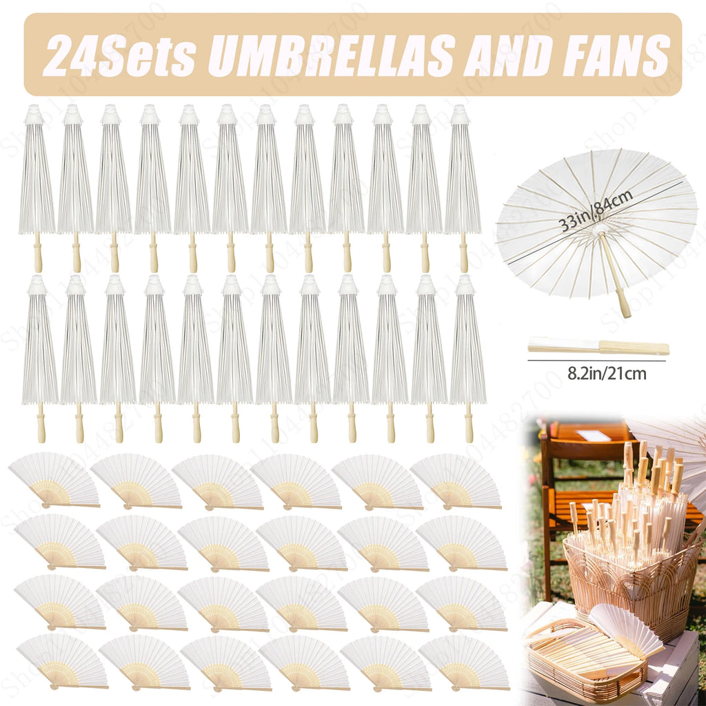 12-90PC 84CM White Paper Umbrella Parasol & Folding Hand Fan Set