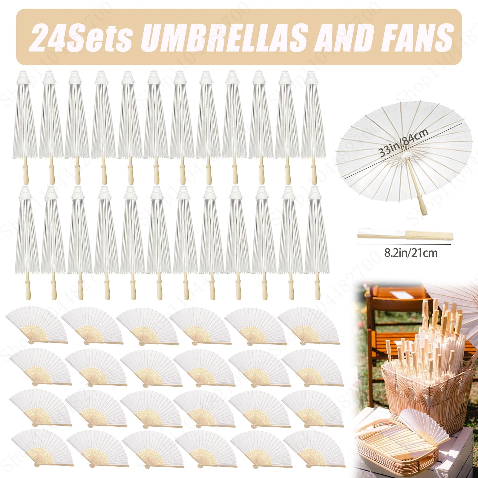 12-90PC 84CM White Paper Umbrella Parasol & Folding Hand Fan Set