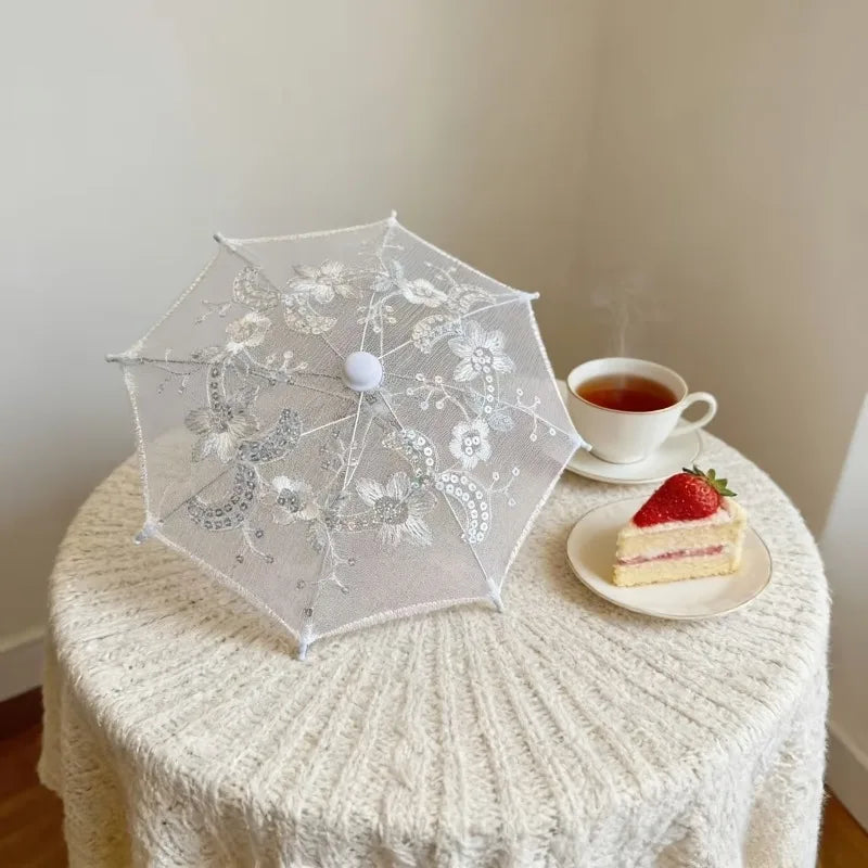 8PC Mini White Embroidered Umbrellas