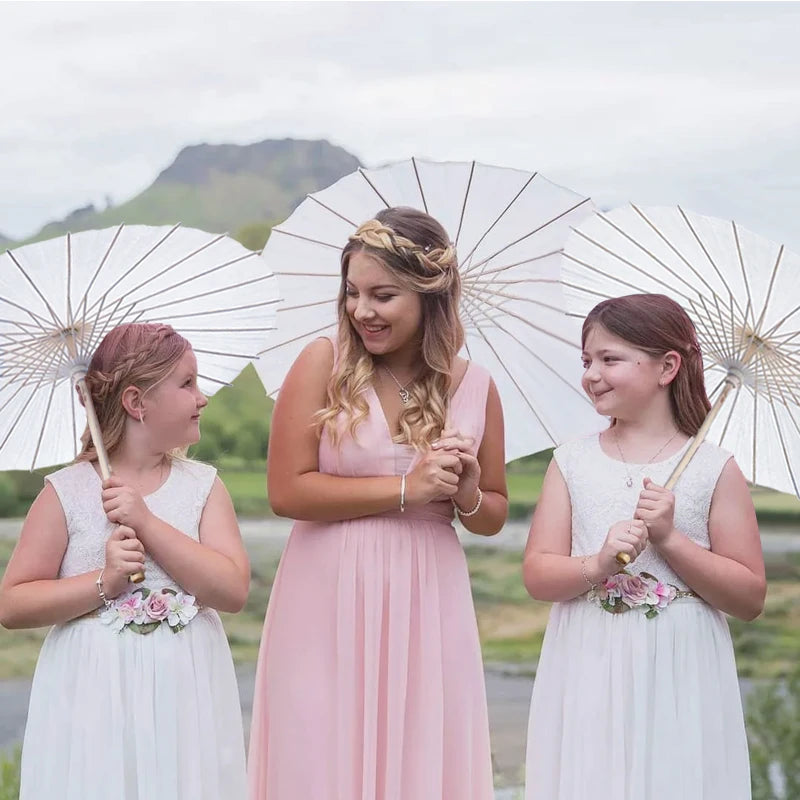 6PC 60/84cm White Paper Umbrellas Wooden Handle