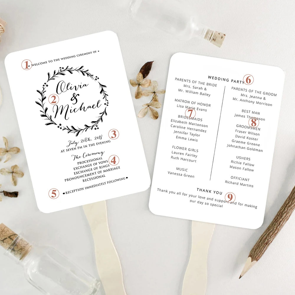 10/30PC Personalised Printed Paper Fans with Wooden Sticks