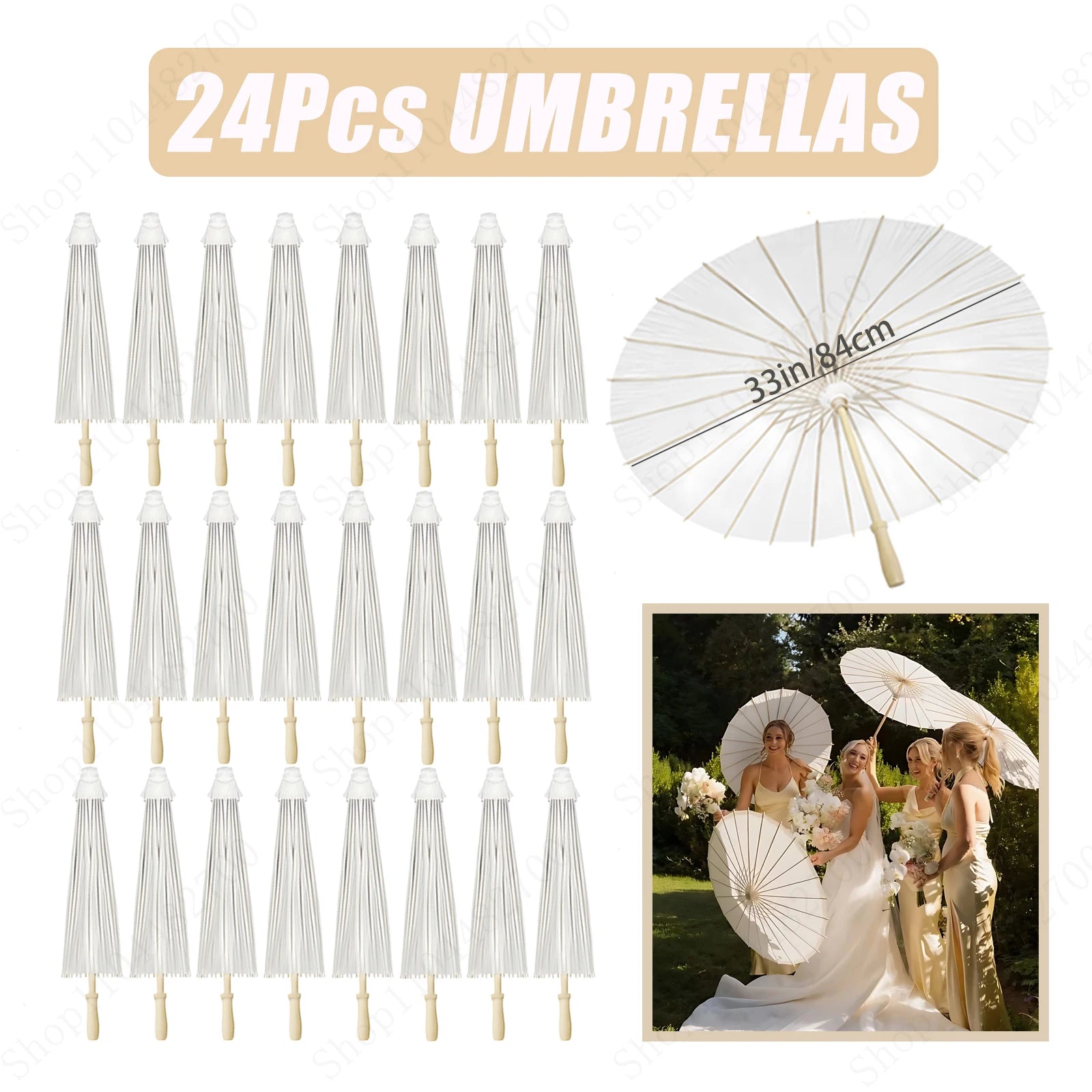 12-90PC 84CM White Paper Umbrella Parasol & Folding Hand Fan Set