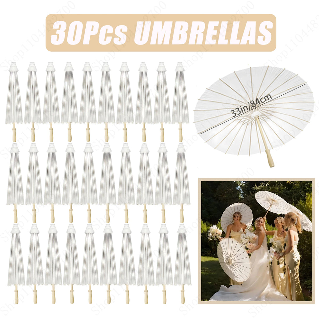 12-90PC 84CM White Paper Umbrella Parasol & Folding Hand Fan Set