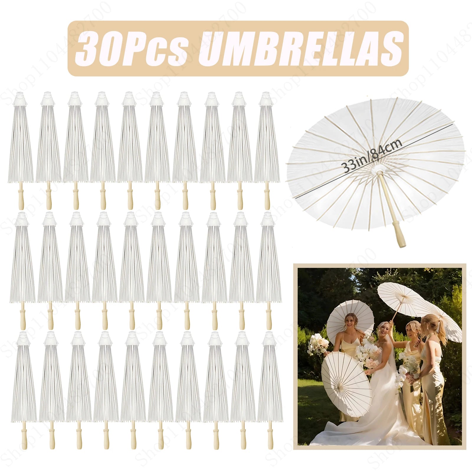12-90PC 84CM White Paper Umbrella Parasol & Folding Hand Fan Set