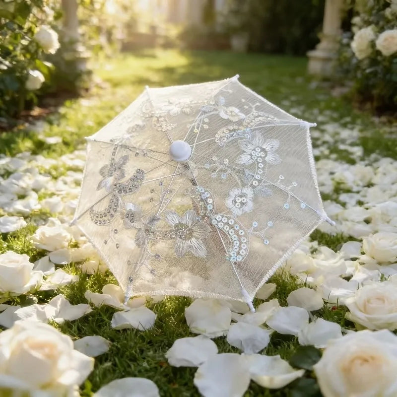 8PC Mini White Embroidered Umbrellas