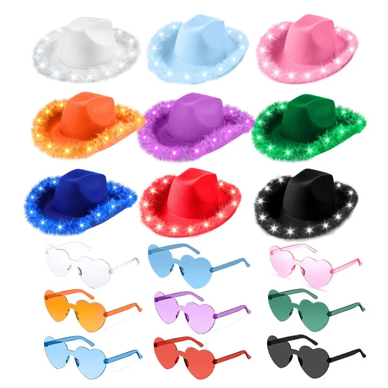 Light Up LED Cowboy Hat With Feather Optional Sunglasses