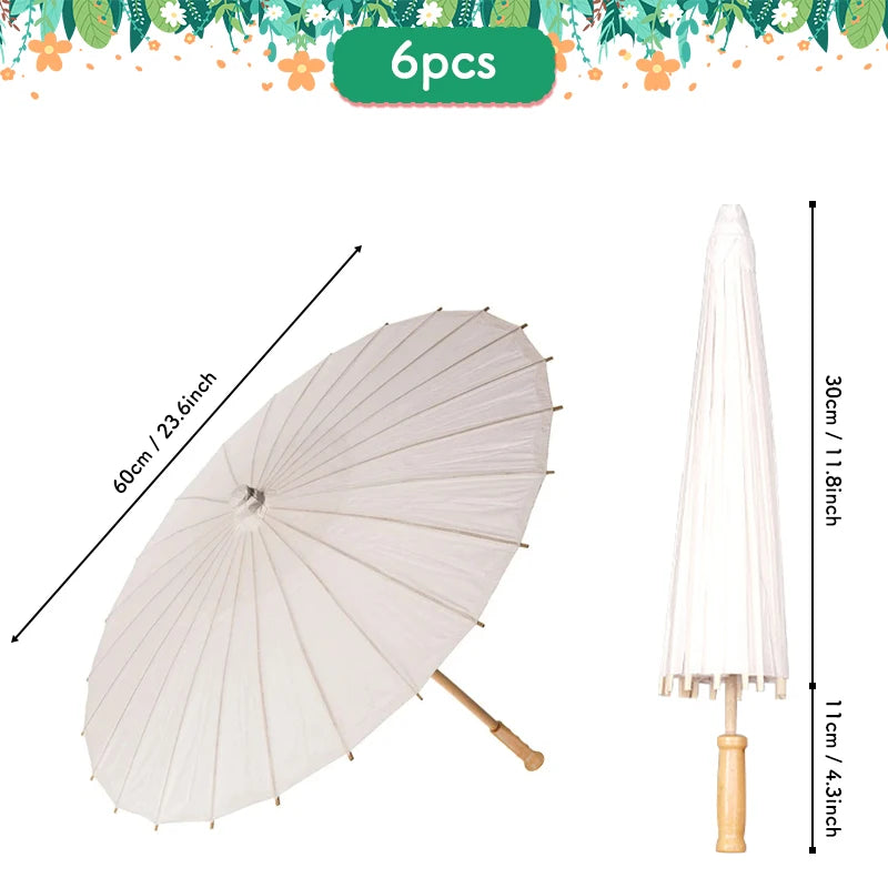 6PC 60/84cm White Paper Umbrellas Wooden Handle