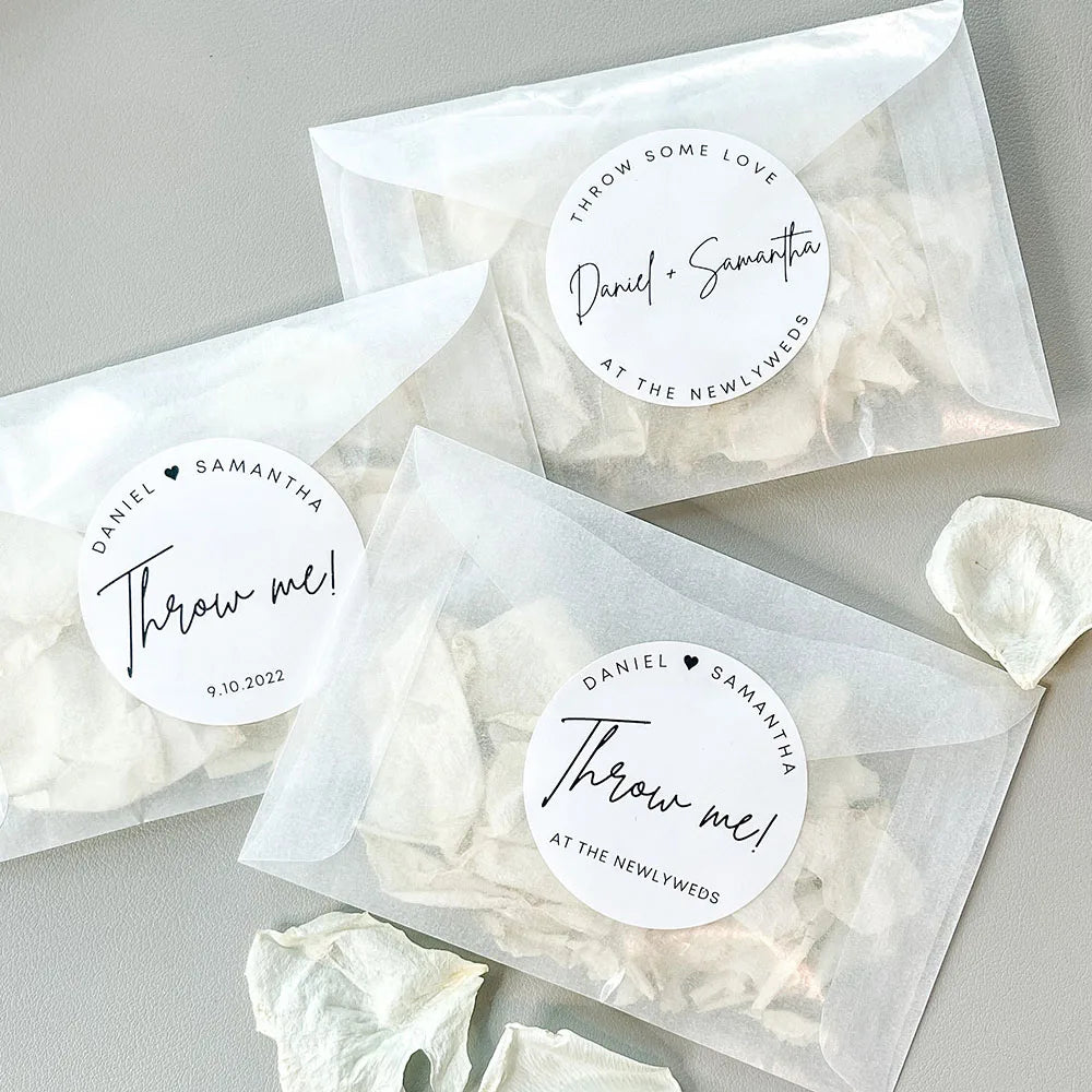 50PC Personalised Stickers & Bag Set 'Throw Me' Exit Confetti Toss Packets