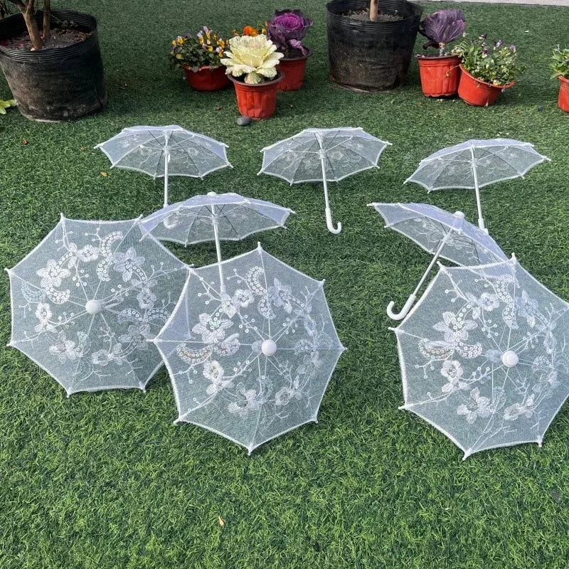 8PC Mini White Embroidered Umbrellas
