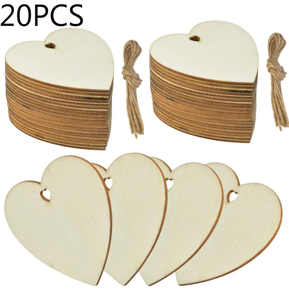 10/20/60PC Wooden Blank Heart DIY Crafts with Natural Twine