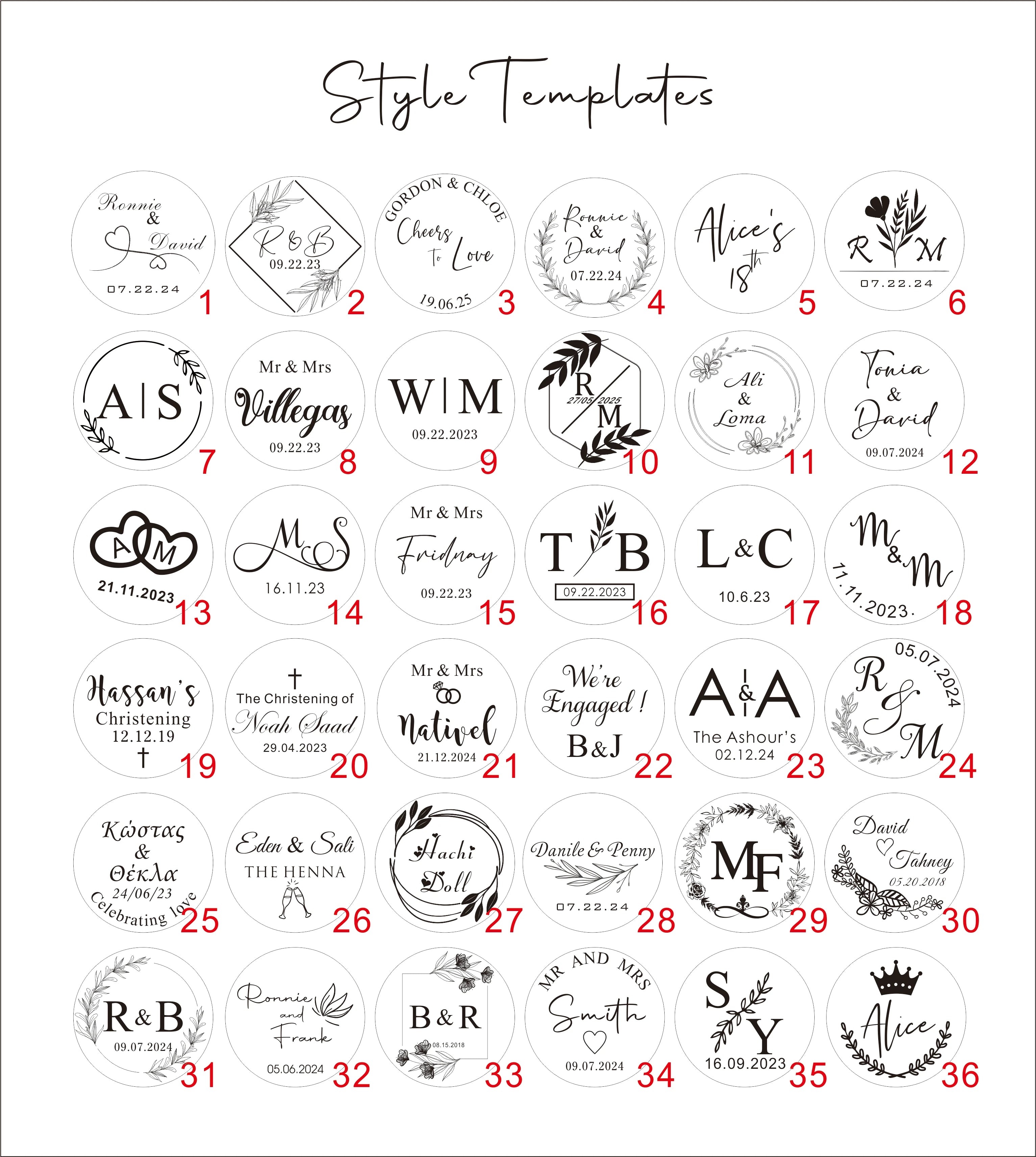 Collection of personalized monogram style templates on a white background