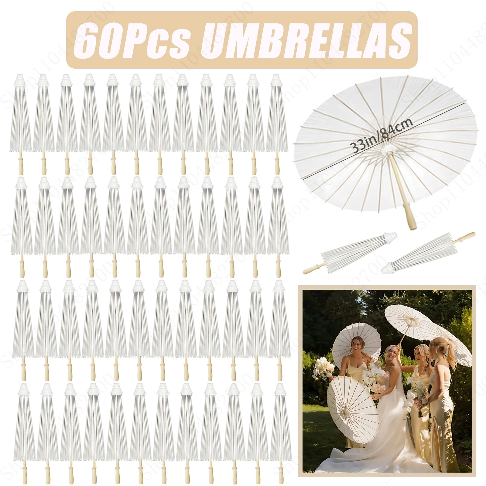 12-90PC 84CM White Paper Umbrella Parasol & Folding Hand Fan Set
