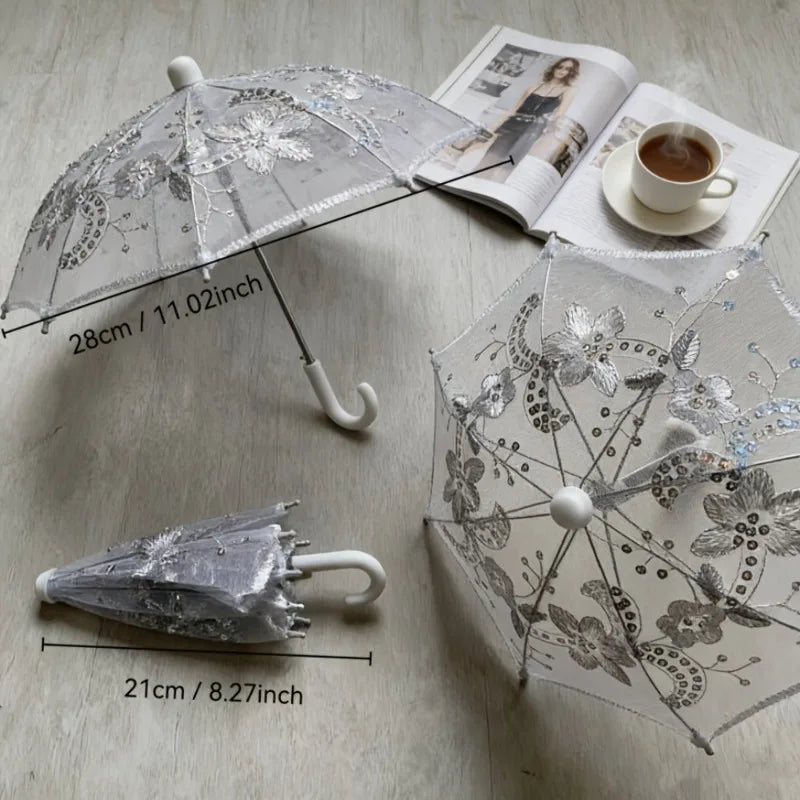 8PC Mini White Embroidered Umbrellas