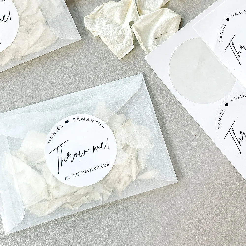 50PC Personalised Stickers & Bag Set 'Throw Me' Exit Confetti Toss Packets