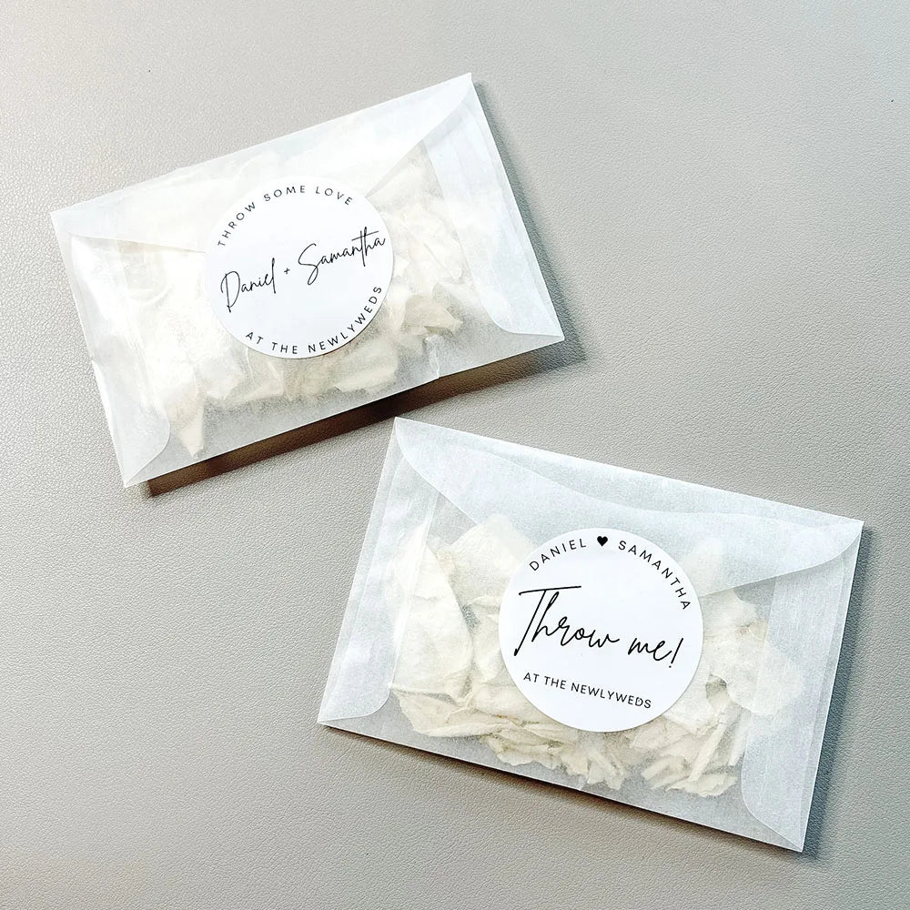 50PC Personalised Stickers & Bag Set 'Throw Me' Exit Confetti Toss Packets