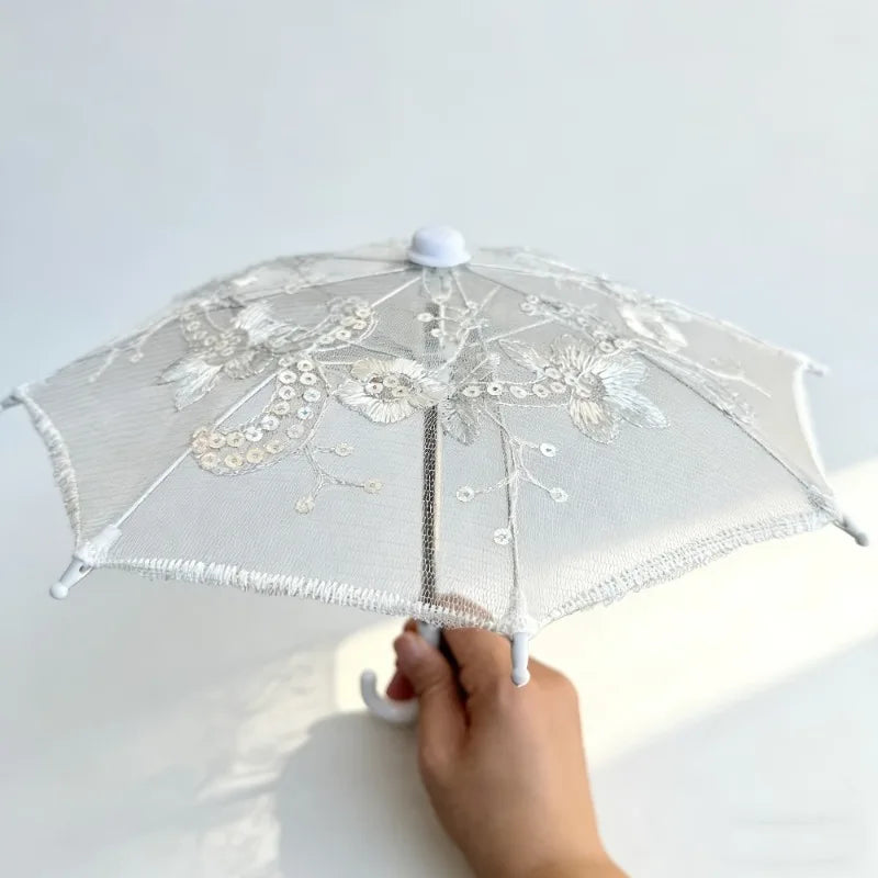 8PC Mini White Embroidered Umbrellas
