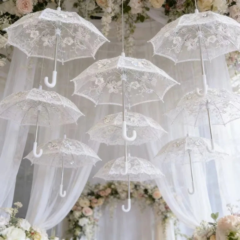 8PC Mini White Embroidered Umbrellas