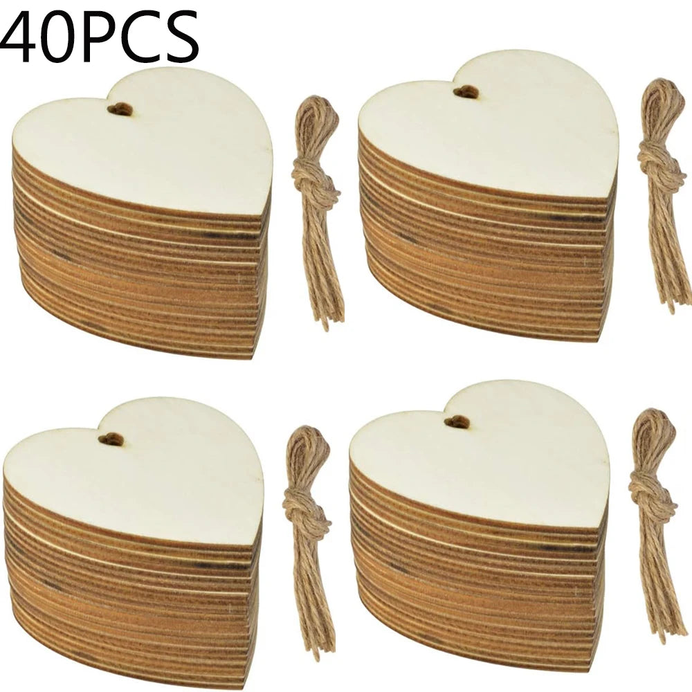 10/20/60PC Wooden Blank Heart DIY Crafts with Natural Twine