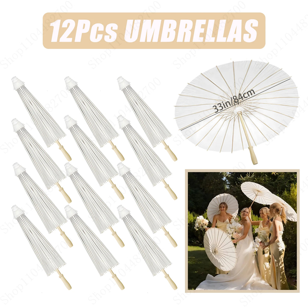 12-90PC 84CM White Paper Umbrella Parasol & Folding Hand Fan Set